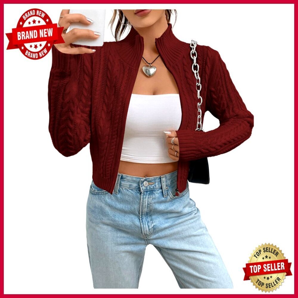 Cropped Cable Knit Cardigan Zipper Jacket Long Sleeve Fall Sweater